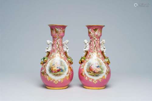 A pair of French 'Rose Pompadour' old Paris porcelain vases ...