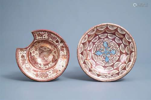 A Hispano-Moresque lusterware barber's bowl and a dish, Spai...