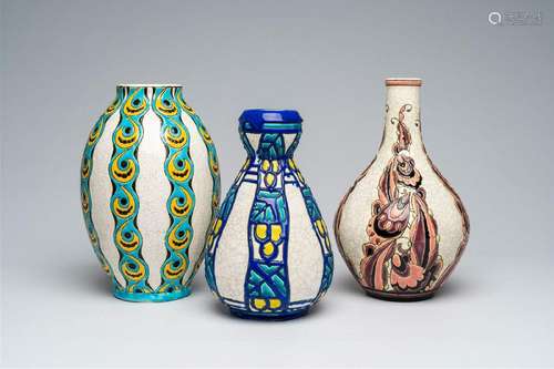 Three various Boch Keramis Art Deco crackle glazed vases wit...