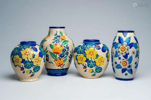 Four Boch Keramis Art Deco crackle glazed vases with polychr...