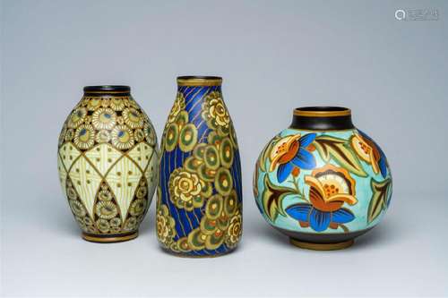 Three Boch Keramis Art Deco vases with polychrome floral des...