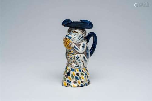 A Dutch Delft polychrome monkey-shaped milk jug, 19th C.