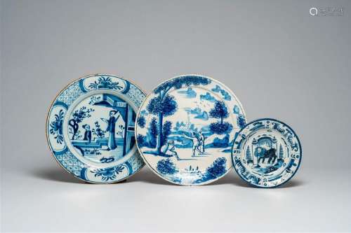 Three various Dutch Delft blue and white dishes, 18th C.