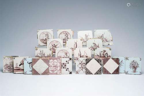 A varied collection of 22 Dutch Delft manganese tiles, 17th/...