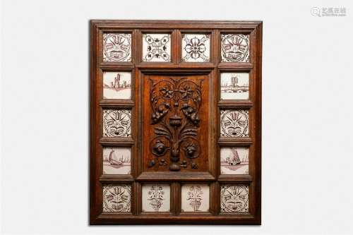 A carved wooden frame with manganese Delft tiles, 18th/19th ...