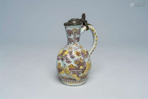 A Dutch Delft pewter mounted yellow and manganese 'chinoiser...