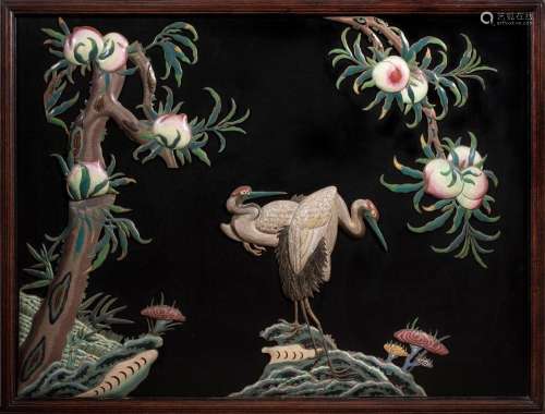 Chinese cloisonne enamel and black lacquer 'nine peach' pane...