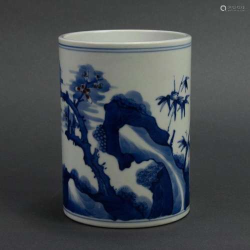Chinese underglaze blue and copper red brush pot