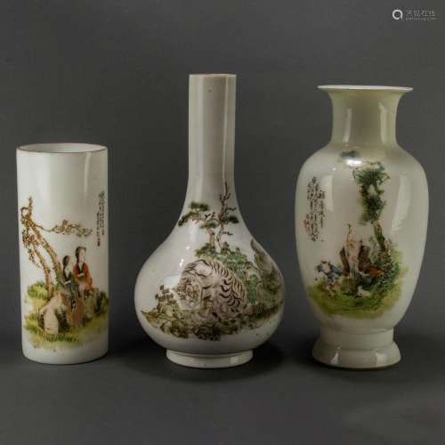 (lot of 3) Chinese qianjiangcai enameled glass vases