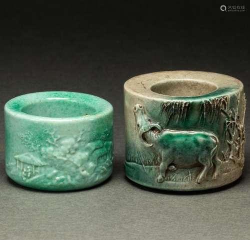 (lot of 2) Chinese molded and carved porcelain archer's ring...