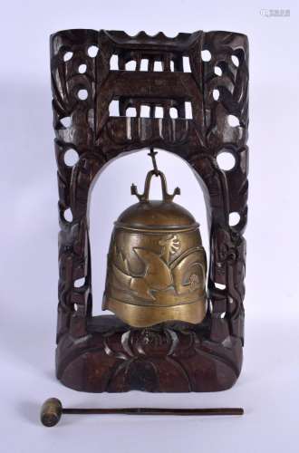 A LARGE LATE 19TH CENTURY CHINESE CARVED HARDWOOD BRONZE BEL...