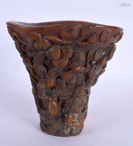 A CHINESE CARVED BUFFALO HORN TYPE LIBATION CUP 20th Century...