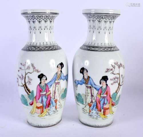 A PAIR OF CHINESE REPUBLICAN PERIOD FAMILLE ROSE VASES paint...