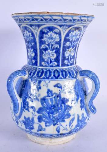 A TURKISH ISLAMIC IZNIK BLUE AND WHITE MOSQUE LANTERN VASE. ...