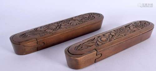 A PAIR OF TURKISH MIDDLE EASTERN CARVED WOOD PEN BOXES AND C...