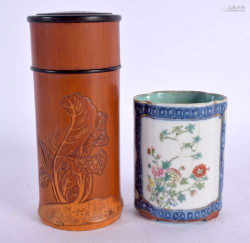 A FINE 19TH CENTURY CHINESE CARVED BAMBOO TEA CADDY AND COVE...