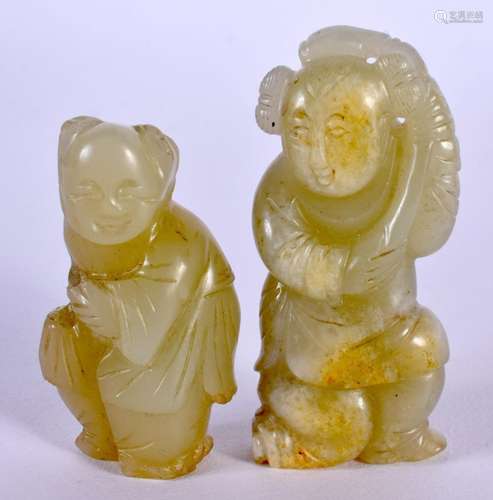 TWO 19TH CENTURY CHINESE CARVED GREEN JADE FIGURES OF BOYS Q...