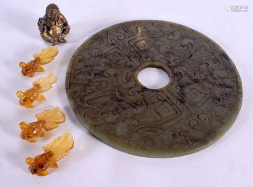 A LARGE 19TH CENTURY CHINESE CARVED JADE BI DISC etc. Larges...