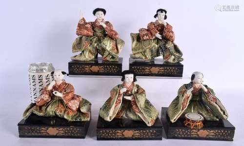 FIVE BOXED JAPANESE TAISHO PERIOD SILK WORK EMBROIDERED FIGU...