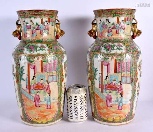 A LARGE PAIR OF 19TH CENTURY CHINESE CANTON FAMILLE ROSE VAS...