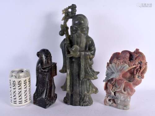 THREE LATE 19TH CENTURY CHINESE CARVED SOAPSTONE FIGURES. La...