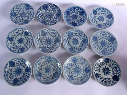 TWELVE 19TH CENTURY CHINESE SHIPWRECK BLUE AND WHITE SAUCERS...