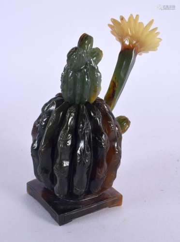 AN EARLY 20TH CENTURY CHINESE CARVED JADE CACTUS BRUSH WASHE...