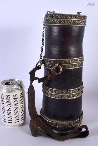 A 19TH CENTURY TIBETAN LACQUERED WOOD FLASK overlaid in whit...