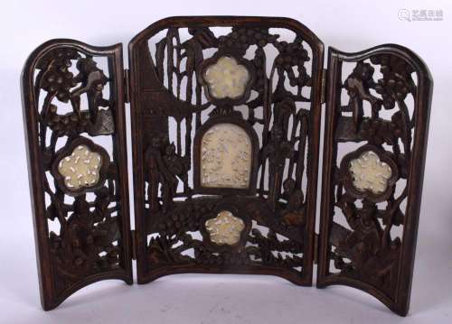 AN EARLY 20TH CENTURY CHINEE CARVED HARDWOOD AND JADE SCREEN...