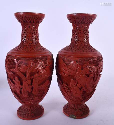 A PAIR OF 19TH CENTURY CHINESE CARVED CINNABAR LACQUER VASES...