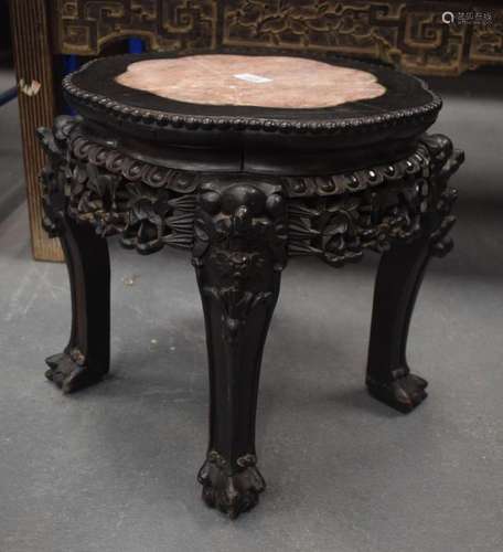 A 19TH CENTURY CHINESE CARVED HARDWOOD MARBLE INSET STAND. 4...