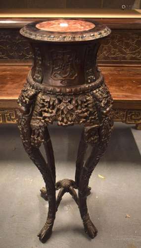 A 19TH CENTURY CHINESE CARVED HARDWOOD MARBLE INSET STAND. 9...