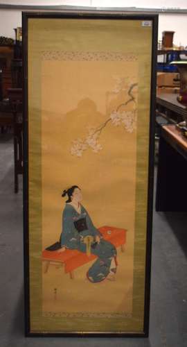 A 19TH CENTURY JAPANESE MEIJI PERIOD WATERCOLOUR. 148 cm x 5...