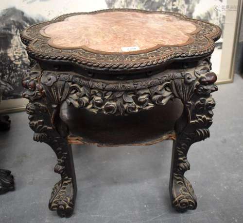 A 19TH CENTURY CHINESE CARVED HARDWOOD MARBLE INSET TABLE. 5...