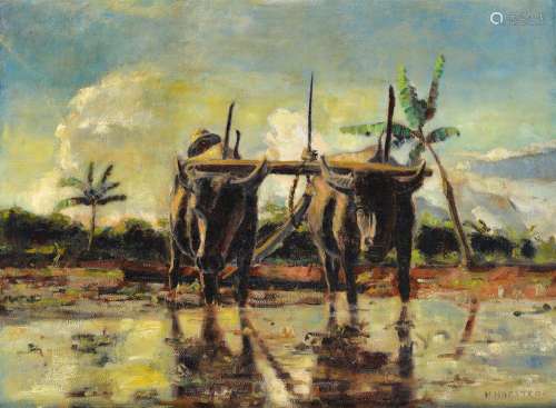 Henk Hofstede (1951-)<br />
'Plowing the sawah', signed lowe...