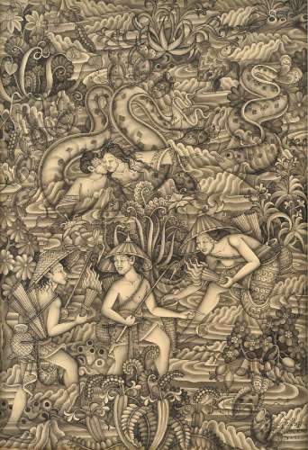 I Wayan Rajin (1945-)<br />
'Balinese legend', signed lower ...