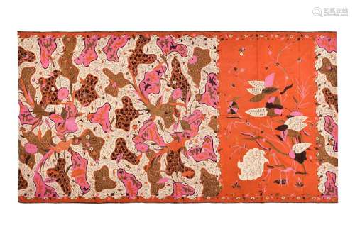 Batik sarong decorated with flowers, birds and butterflies. ...
