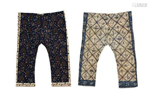Two batik sleeping trousers, both early 20th century:1) Dark...