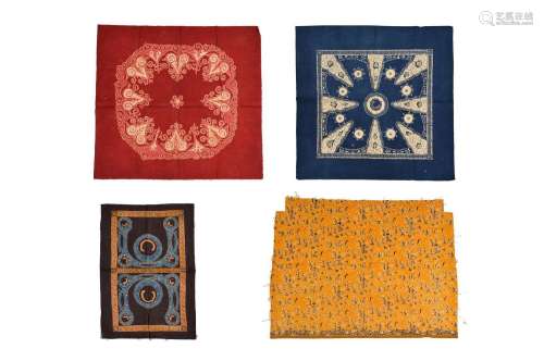 Four batik cloths: 1) Red/beige: H. 47 cm. W. 51 cm2) Blue/b...