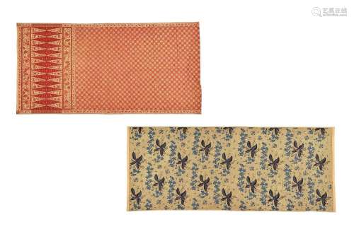 Two Batik sarongs, Indo-European style:1) Beige, with blue a...