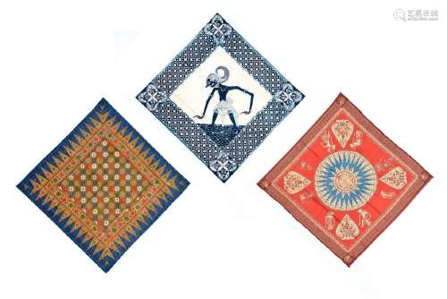 Three square batik cloths: 1) Signed HTS: H. 107 cm. W. 106 ...