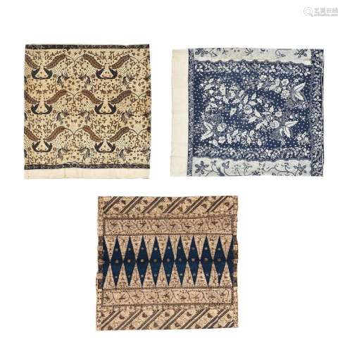 Three tubular batik cloths:1) Sarong, beige/brown (damaged):...