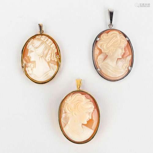 A collection of 3 hand-sculptured cameos. (W: 3 x H: 4,2 cm)