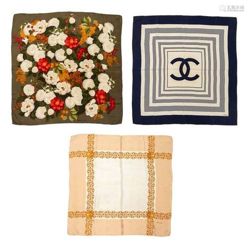 Chanel, a collection of 3 silk scarfs. (L: 86 x W: 86 cm)