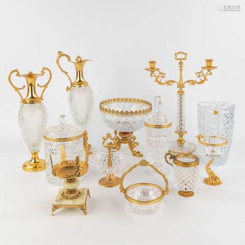 A collection of 11 pieces of Bohemian glass with a metal rim...