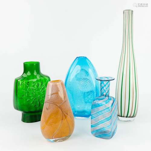 A collection of 5 glass vases, made in Murano, Italy and Sca...