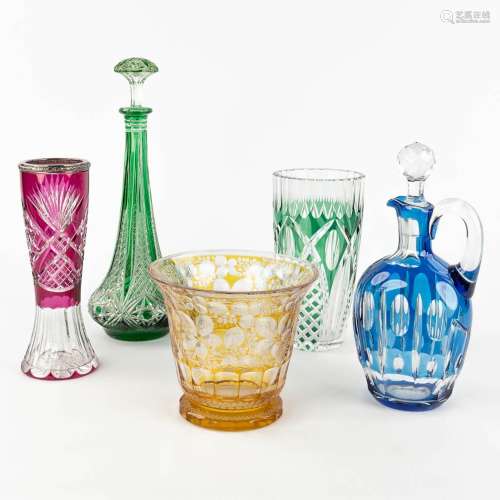 A collection of 5 vases and carafes, Bohemian glass and Val ...