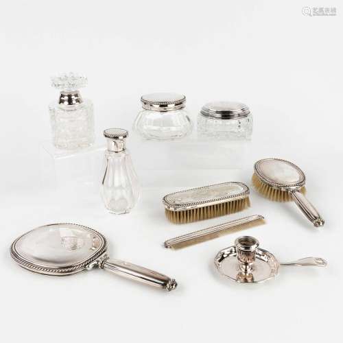 A collection of toilet accessories and goods, crystal, silve...
