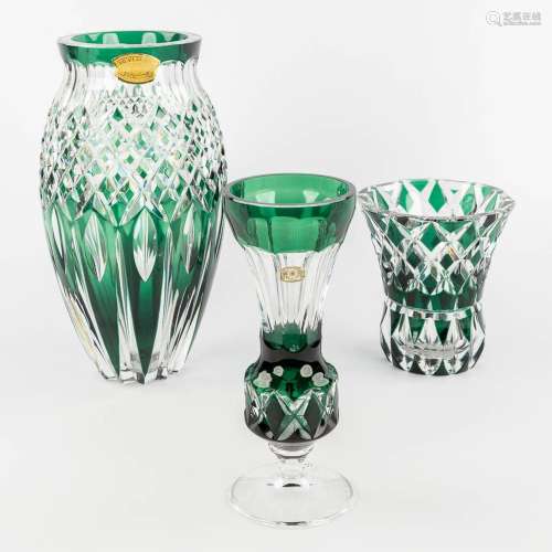 Val Saint Lambert, a collection of 3 vases, green cut crysta...