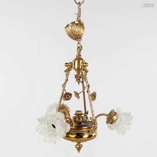 A chandelier, brass with glass lampshades, circa 1970. (H: 6...